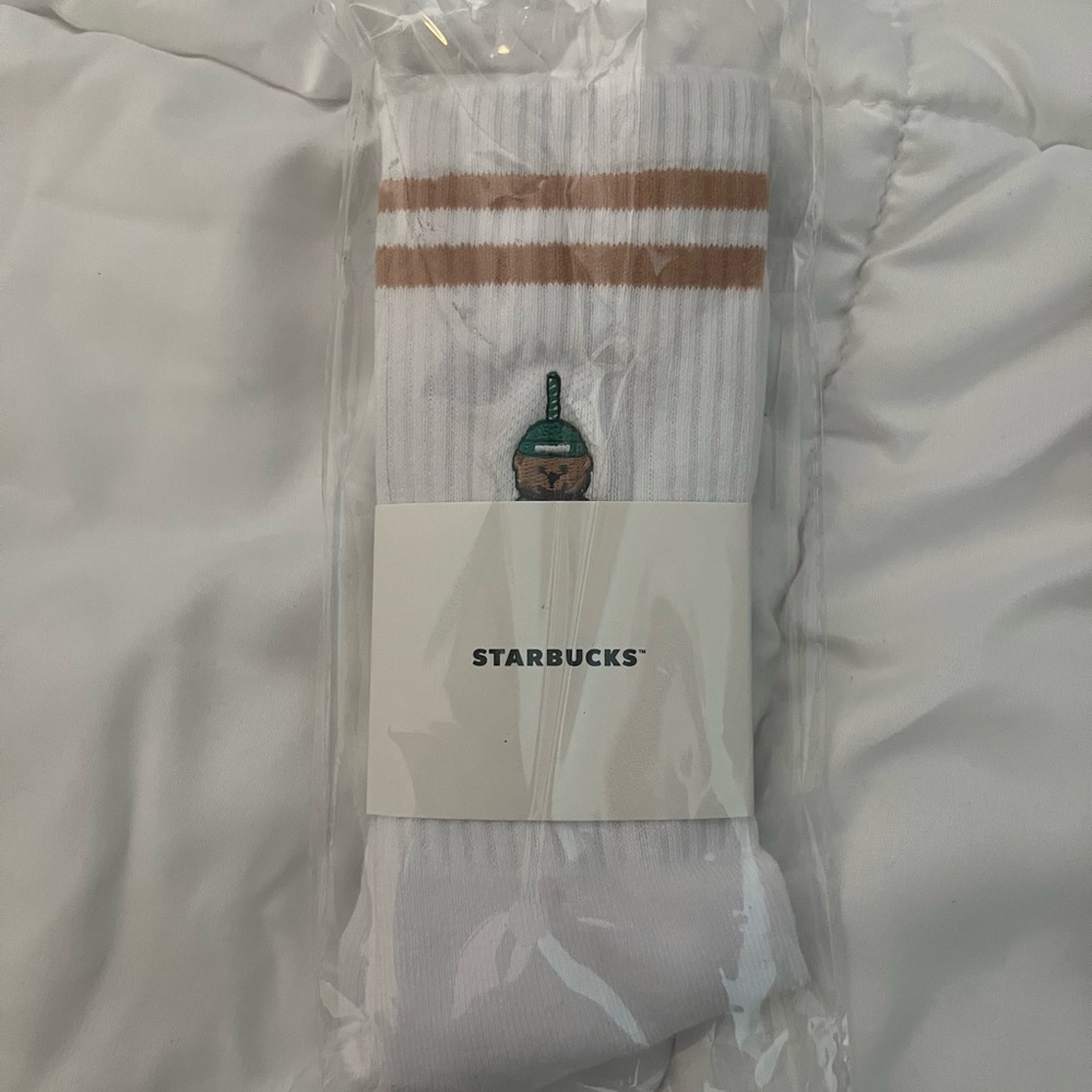 Starbucks White Crew Socks with Tan Stripes and Green Logo
